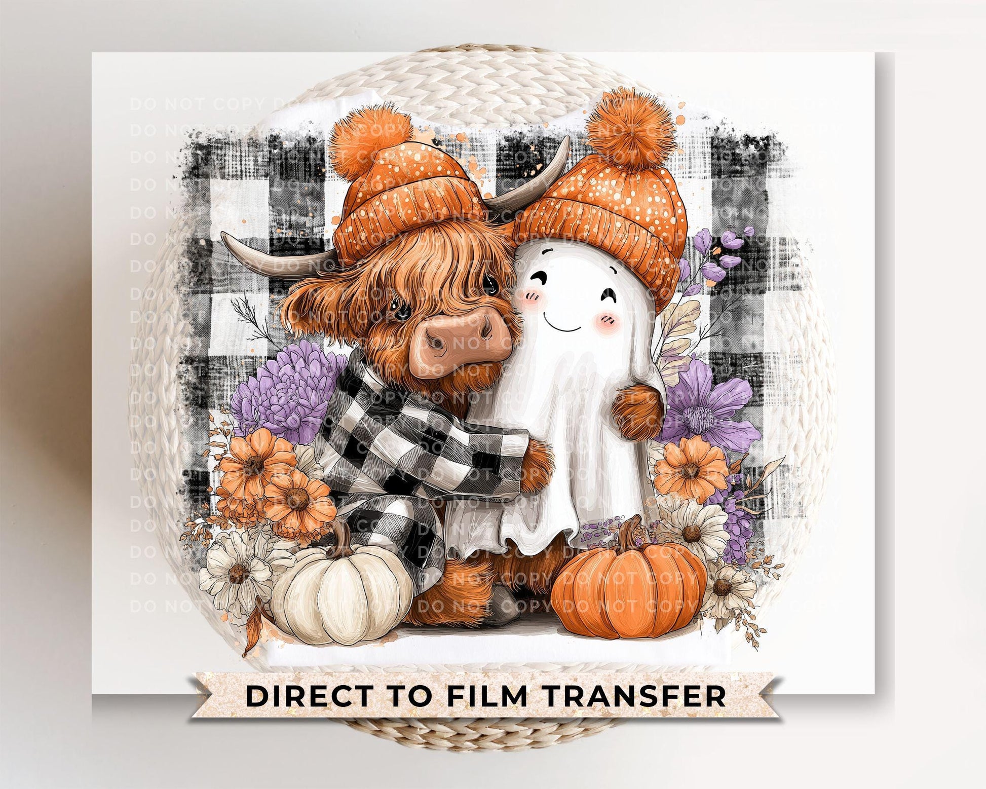 Cute Fall Highland Cow Ghost DTF Transfer, Ready to Press, T-shirt Transfer, Heat Transfer, Direct to Film, Custom Transfer, Halloween, Fall