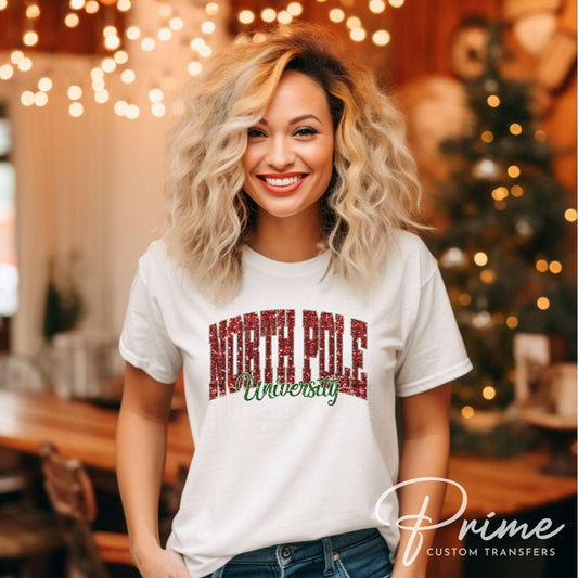 North Pole University Christmas DTF Transfer, Ready to Press, T-shirt Transfer, Heat Transfer, Faux Glitter, Matching Family Shirt, Holiday