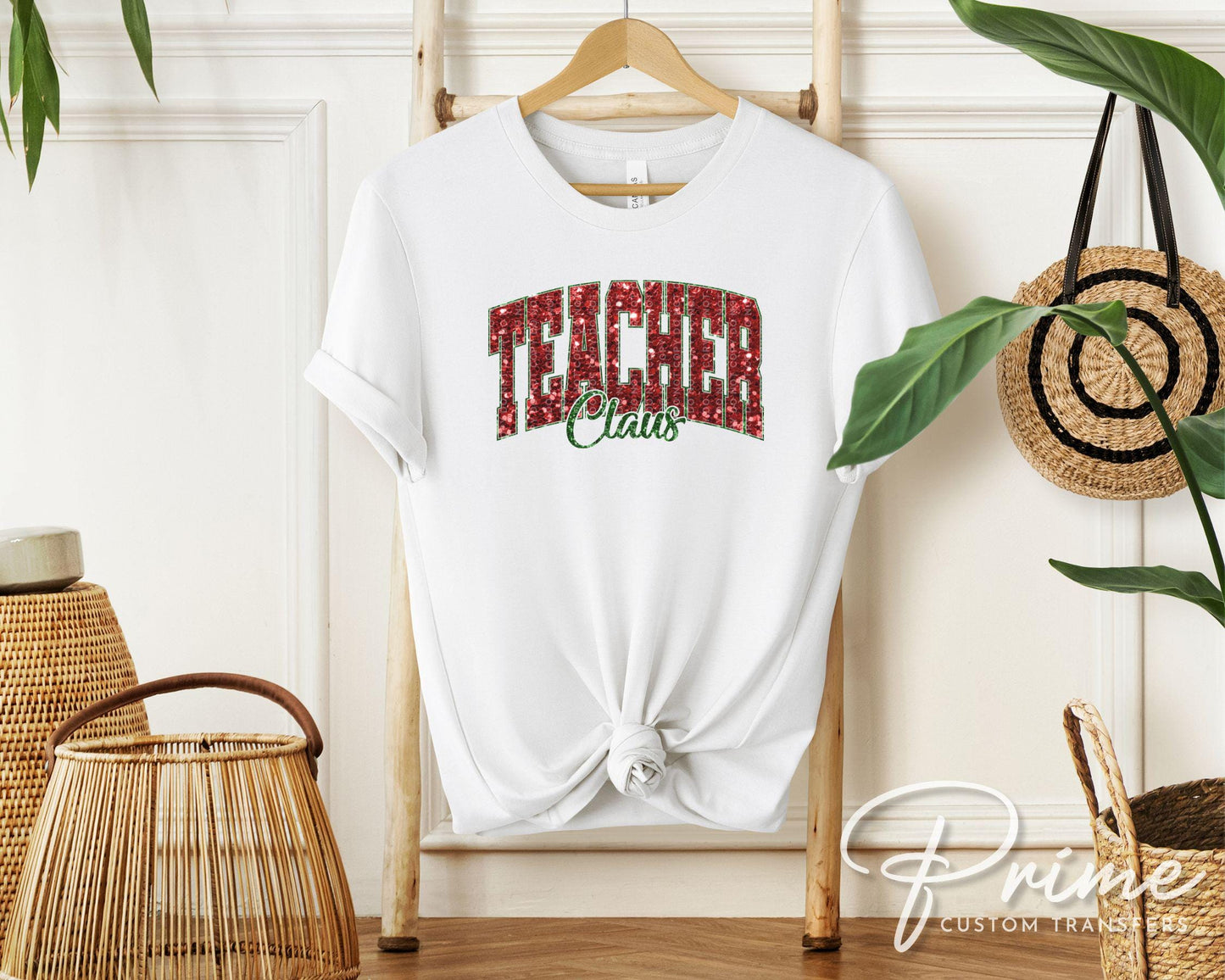 Teacher Claus DTF Transfer, Ready to Press, T-shirt Transfer, Heat Transfer, Faux Glitter, Direct to Film, Shirt, Christmas Gift for Teacher