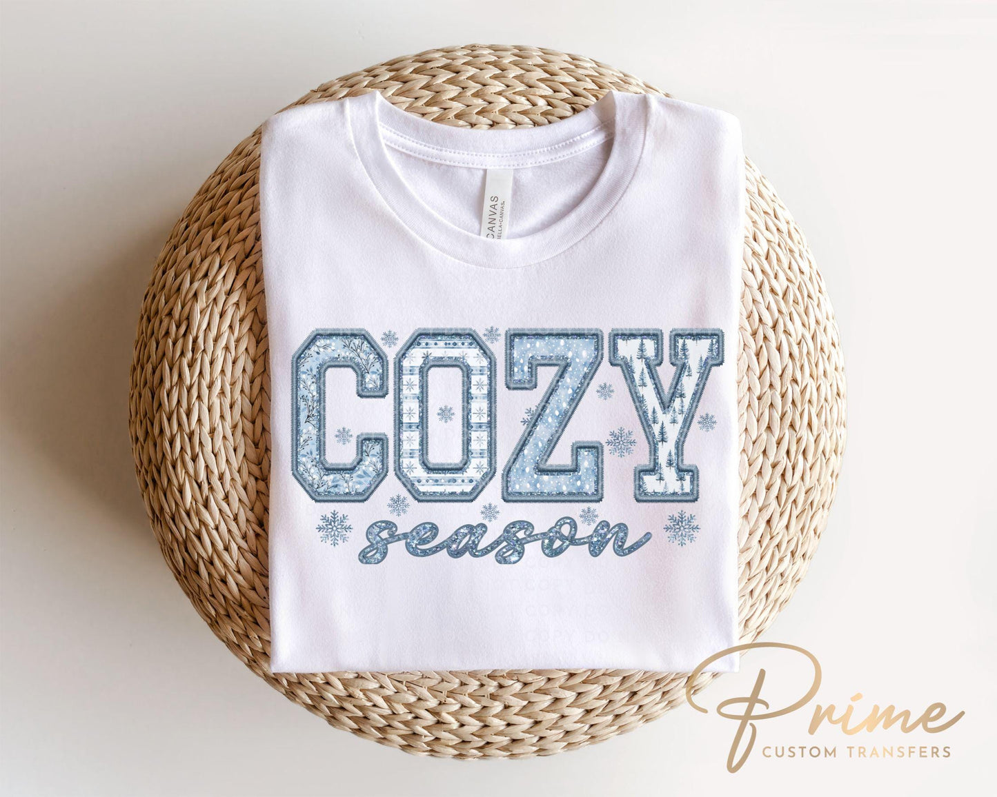 Cozy Season DTF Transfer, Ready to Press, T-shirt Transfer, Heat Transfer, Direct to Film, Cold Peel, Faux Embroidery, Winter, Snowflakes