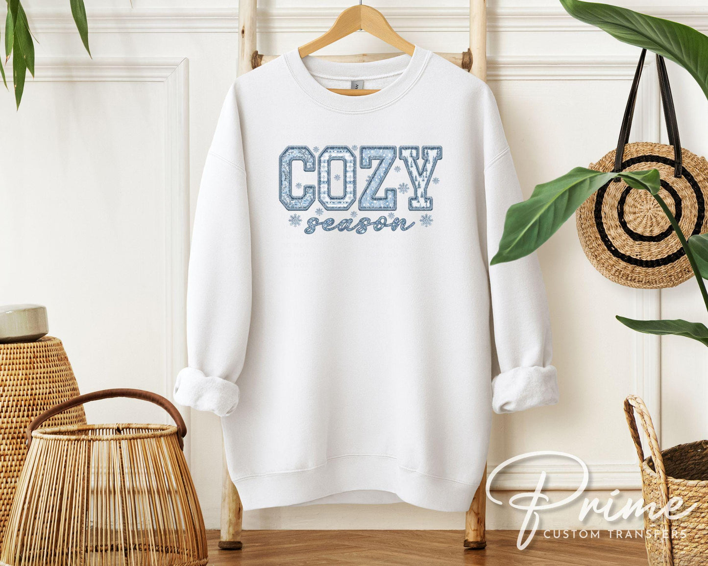 Cozy Season DTF Transfer, Ready to Press, T-shirt Transfer, Heat Transfer, Direct to Film, Cold Peel, Faux Embroidery, Winter, Snowflakes