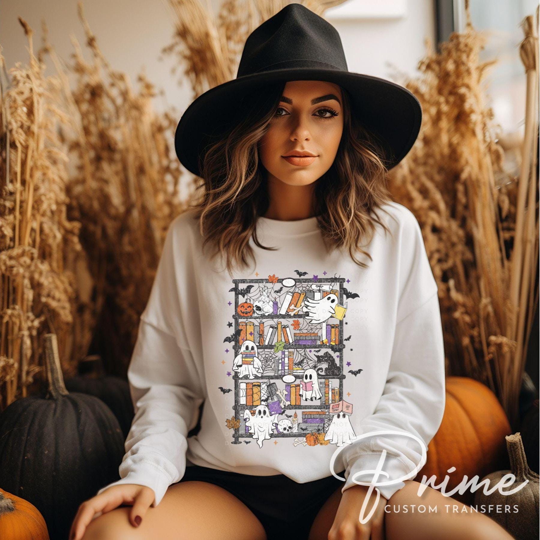 Halloween Bookshelf DTF Transfer, Ready to Press, T-shirt Transfer, Heat Transfer, Direct to Film, Fall, Boo, Bookish, Book Lover, Ghosts