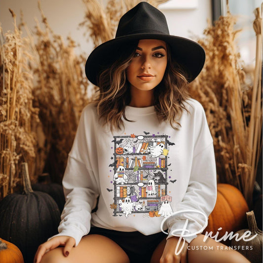 Halloween Bookshelf DTF Transfer, Ready to Press, T-shirt Transfer, Heat Transfer, Direct to Film, Fall, Boo, Bookish, Book Lover, Ghosts