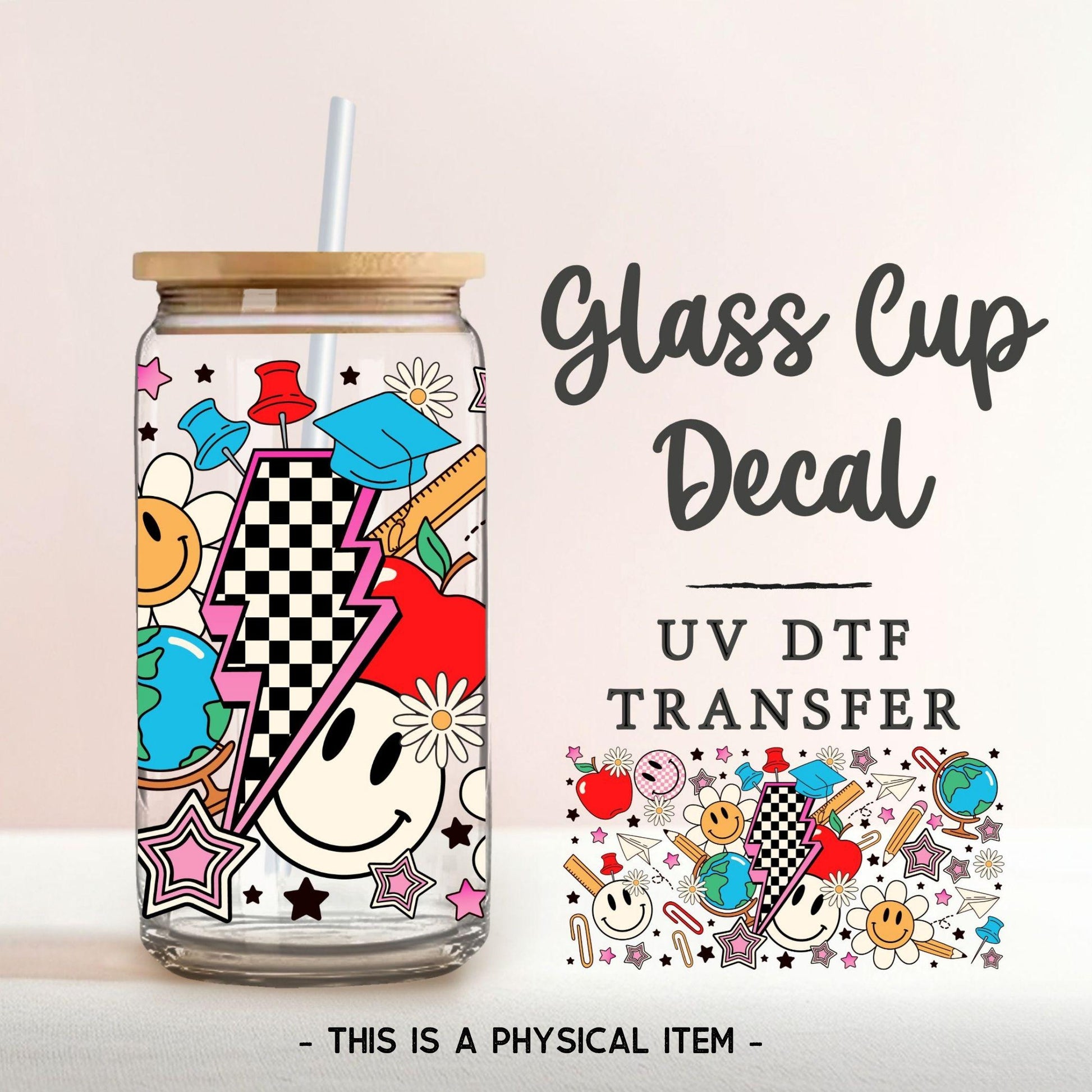 School Collage UV DTF Glass Can Wrap for 16 oz Libbey Beer Can, Sticker, Permanent Adhesive Decal, No Heat, Waterproof, Teacher Gift
