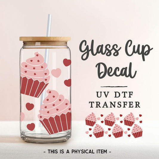 Heart Cupcakes UV DTF Libbey 16oz Cup Wrap Sticker, Ready to Apply, No Heat, Permanent Adhesive, Waterproof, Glass Can, Love Valentine's Day