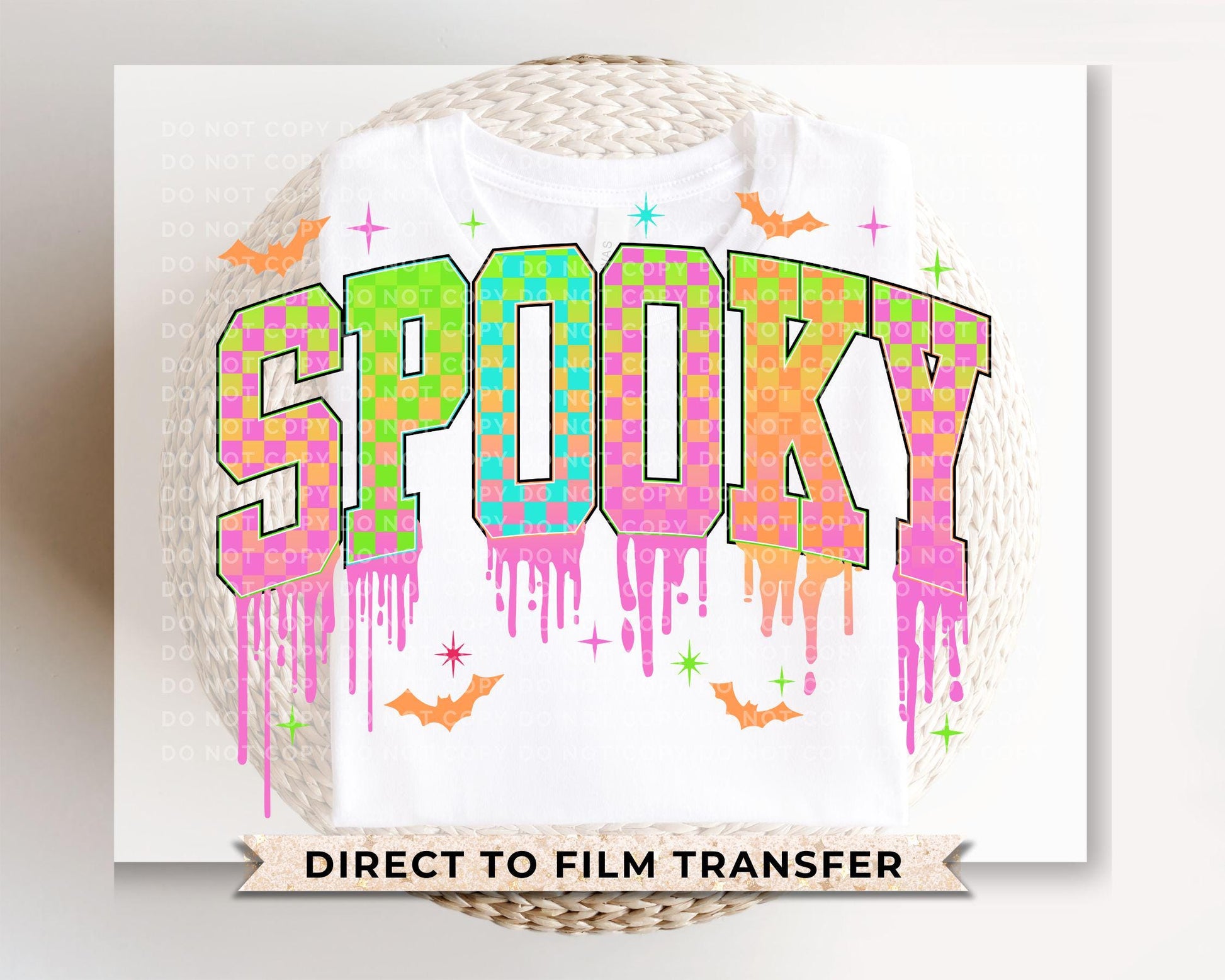 Drippy Neon Spooky DTF Transfer, Ready to Press, T-shirt Transfers, Heat Transfer, Direct to Film, Colorful, Checkered Halloween