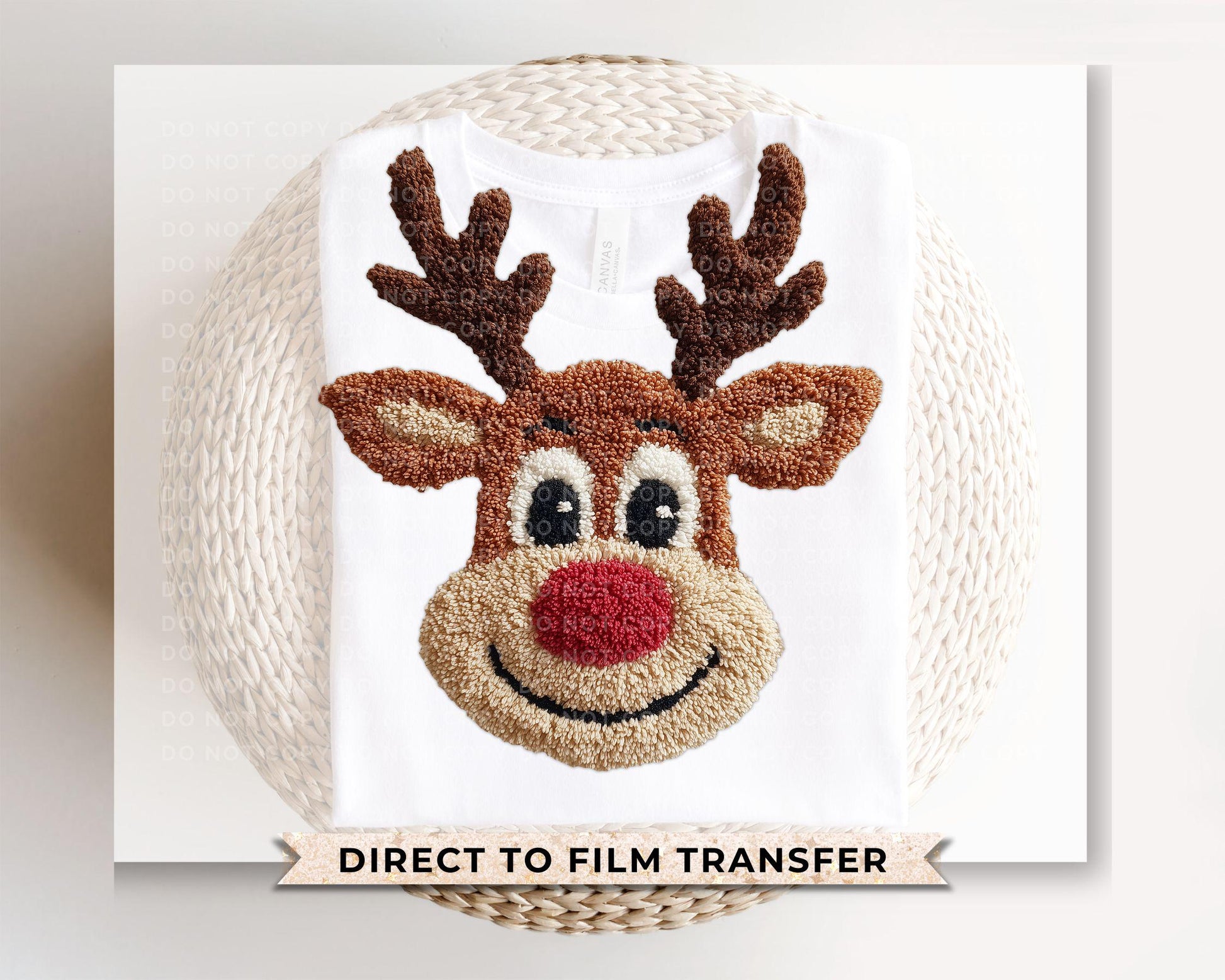 Faux Latch Hook Yarn Reindeer DTF Transfer, Trendy, Ready to Press, Viral