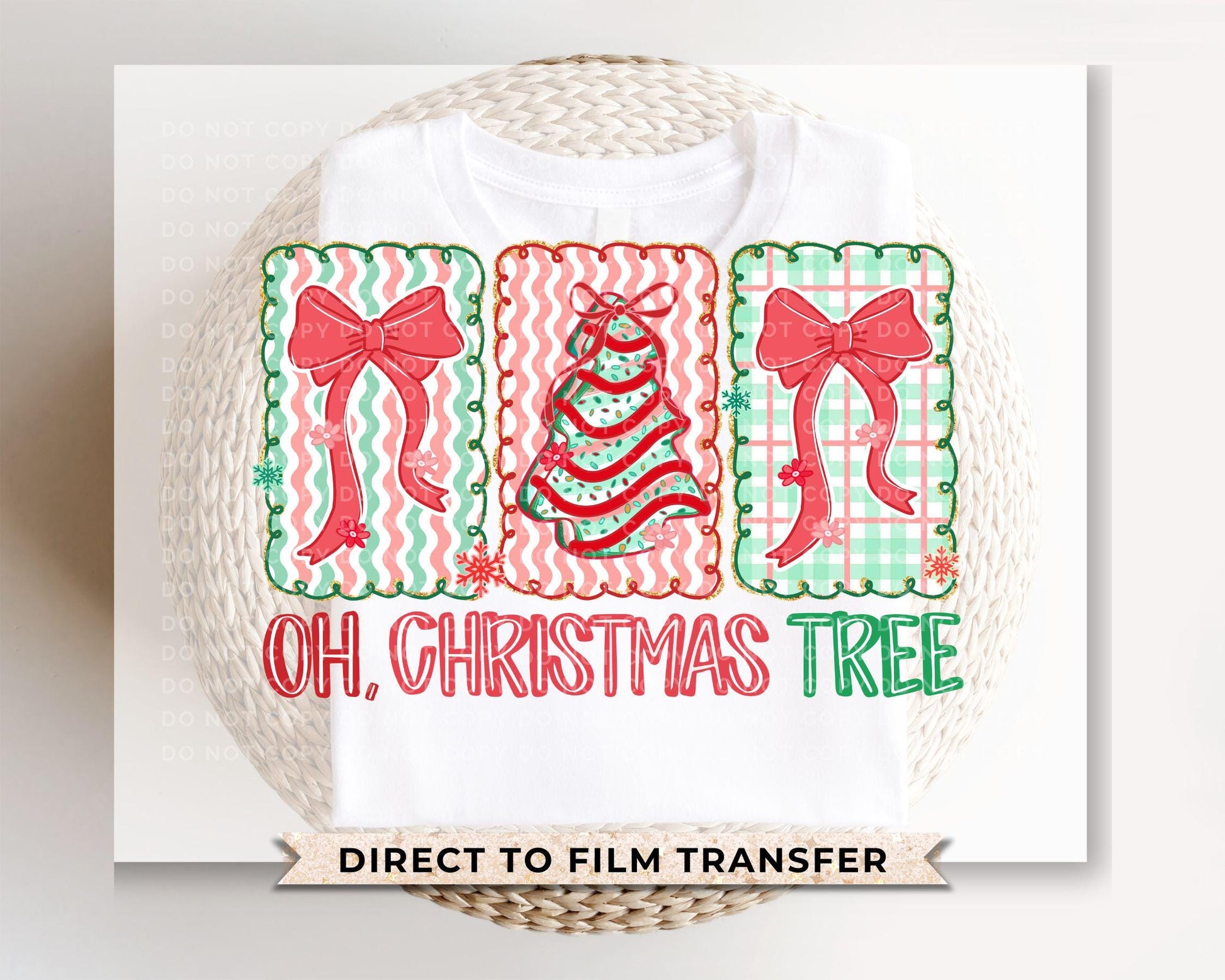 Oh Christmas Tree DTF Transfer, Ready to Press, Trendy, Bow, Girly, Preppy