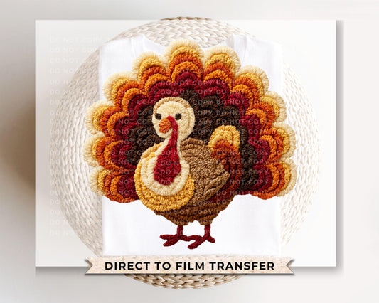Faux Latch Hook Yarn Turkey DTF Transfer, Trendy, Ready to Press, Thanksgiving