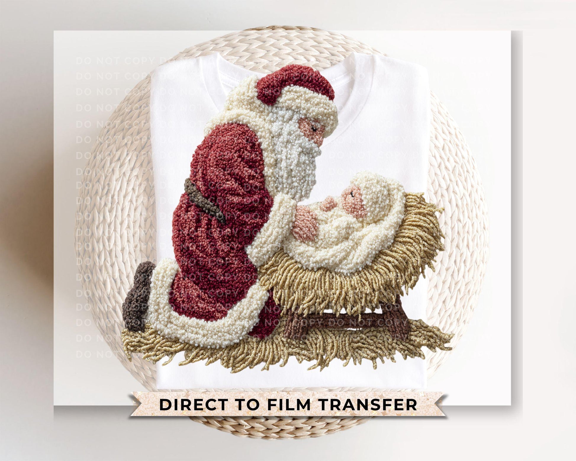 Faux Latch Hook Yarn Santa and Baby Jesus DTF Transfer, Trendy, Ready to Press, Nativity