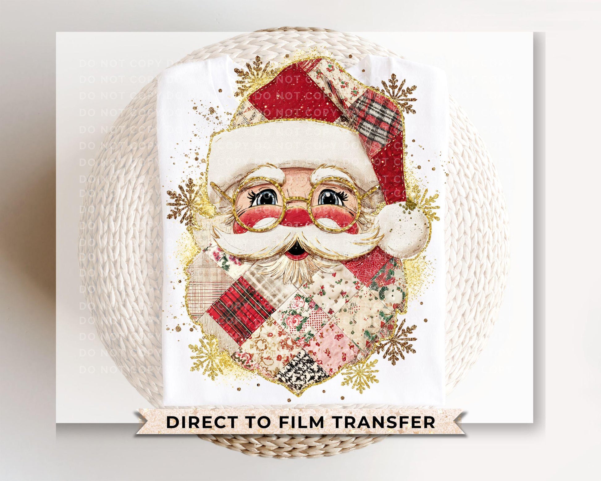 Patchwork Santa Claus DTF Transfer, Trendy, Ready to Press