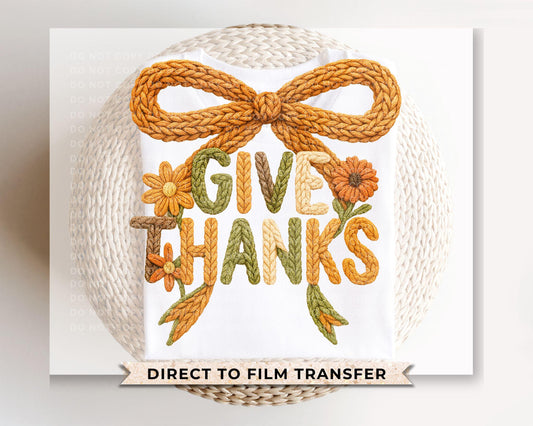Faux Latch Hook Yarn Give Thanks DTF Transfer, Ready to Press, Direct to Film, Thanksgiving