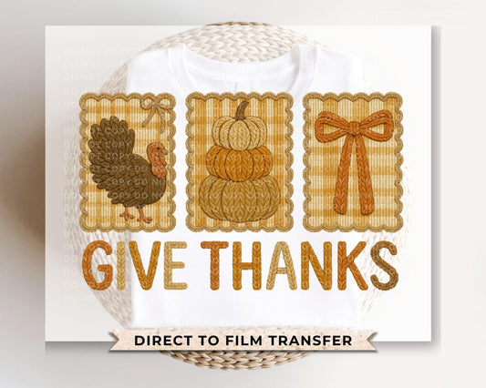 Faux Latch Hook Yarn Give Thanks DTF Transfer, Ready to Press, Direct to Film, Thanksgiving