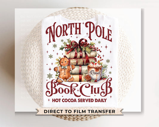 North Pole Book Club DTF Transfer, Ready to Press, Heat Transfer, Direct to Film, Book Lover