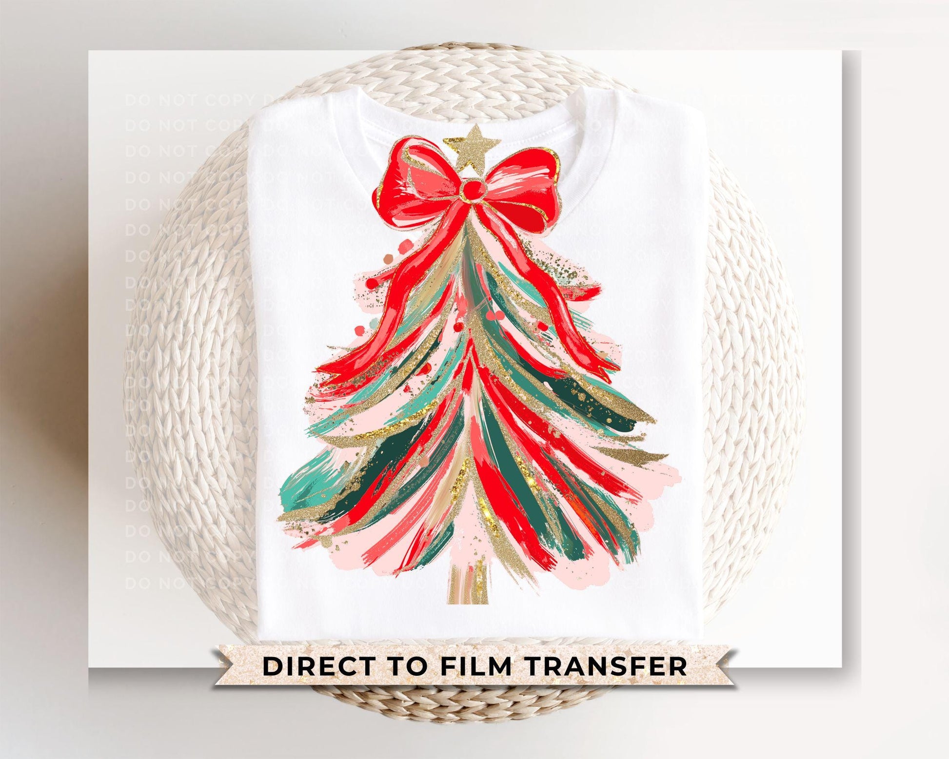 Brushstroke Christmas Tree DTF Transfer, Ready to Press, Heat Transfer, Direct to Film, Holiday, Coquette, Girly FAUX Glitter Red Bow