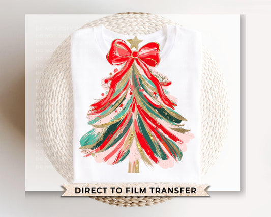 Brushstroke Christmas Tree DTF Transfer, Ready to Press, Heat Transfer, Direct to Film, Holiday, Coquette, Girly FAUX Glitter Red Bow