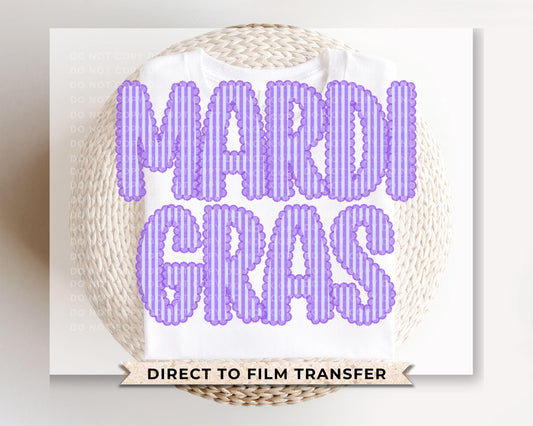 Mardi Gras DTF Transfer | Ready to Press | Direct to Film | Purple Seersucker Letters