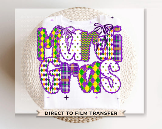 Lacey Mardi Gras DTF Transfer | Ready to Press | Direct to Film | Coquette Bow