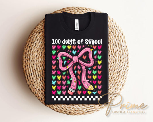100 Days of School DTF Transfer | Ready to Press | Direct to Film | Coquette Bow Pencil