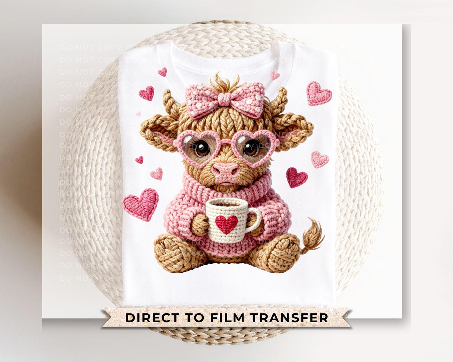 Faux Yarn Valentine Highland Cow DTF Transfer | Ready To Press | Direct To Film
