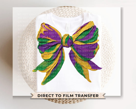 Mardi Gras Brushstroke Bow DTF Transfer | Ready to Press | Direct to Film | New Orleans