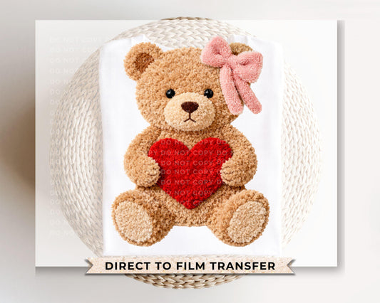 Faux Yarn Teddy Bear DTF Transfer | Ready to Press | Direct to Film | Valentine's Day
