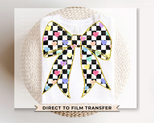 Faux Glitter Candy Heart Bow DTF Transfer | Ready to Press | Direct to Film | Valentines Day