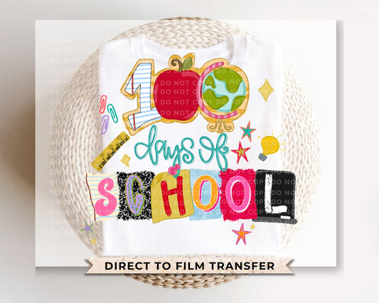 Doodle 100 Days of School DTF Transfer | Ready to Press | Direct to Film | Preppy | Classroom