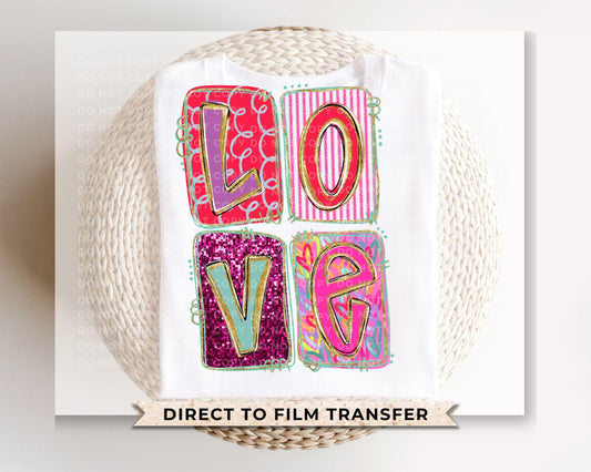 Brushstroke Doodle Love DTF Transfer | Ready to Press | Direct to Film | Preppy, Faux Glitter