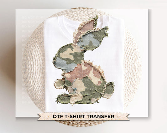 Faux Patchwork Camo Bunny DTF Transfer, Easter T-shirt Design