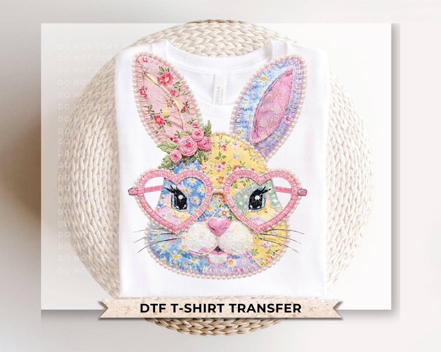 Patchwork Floral Bunny DTF Transfer | Trendy Easter Tshirt Design | Cottage Core Gingham Patchwork