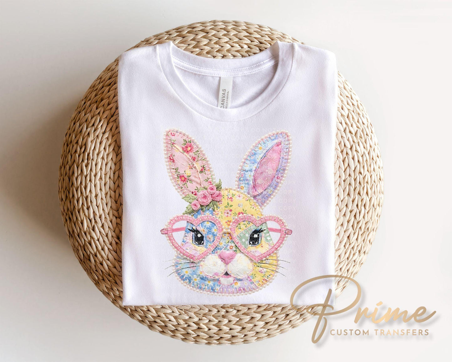 Patchwork Floral Bunny DTF Transfer | Trendy Easter Tshirt Design | Cottage Core Gingham Patchwork