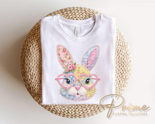 Patchwork Floral Bunny DTF Transfer | Trendy Easter Tshirt Design | Cottage Core Gingham Patchwork