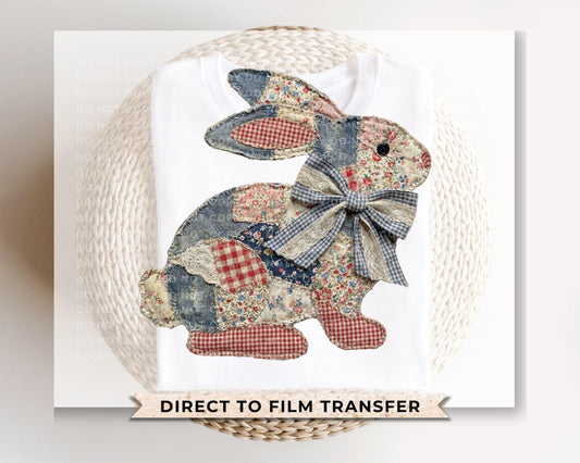Patchwork Bunny DTF Transfer, Thrifted Grandma Core, Cottagecore