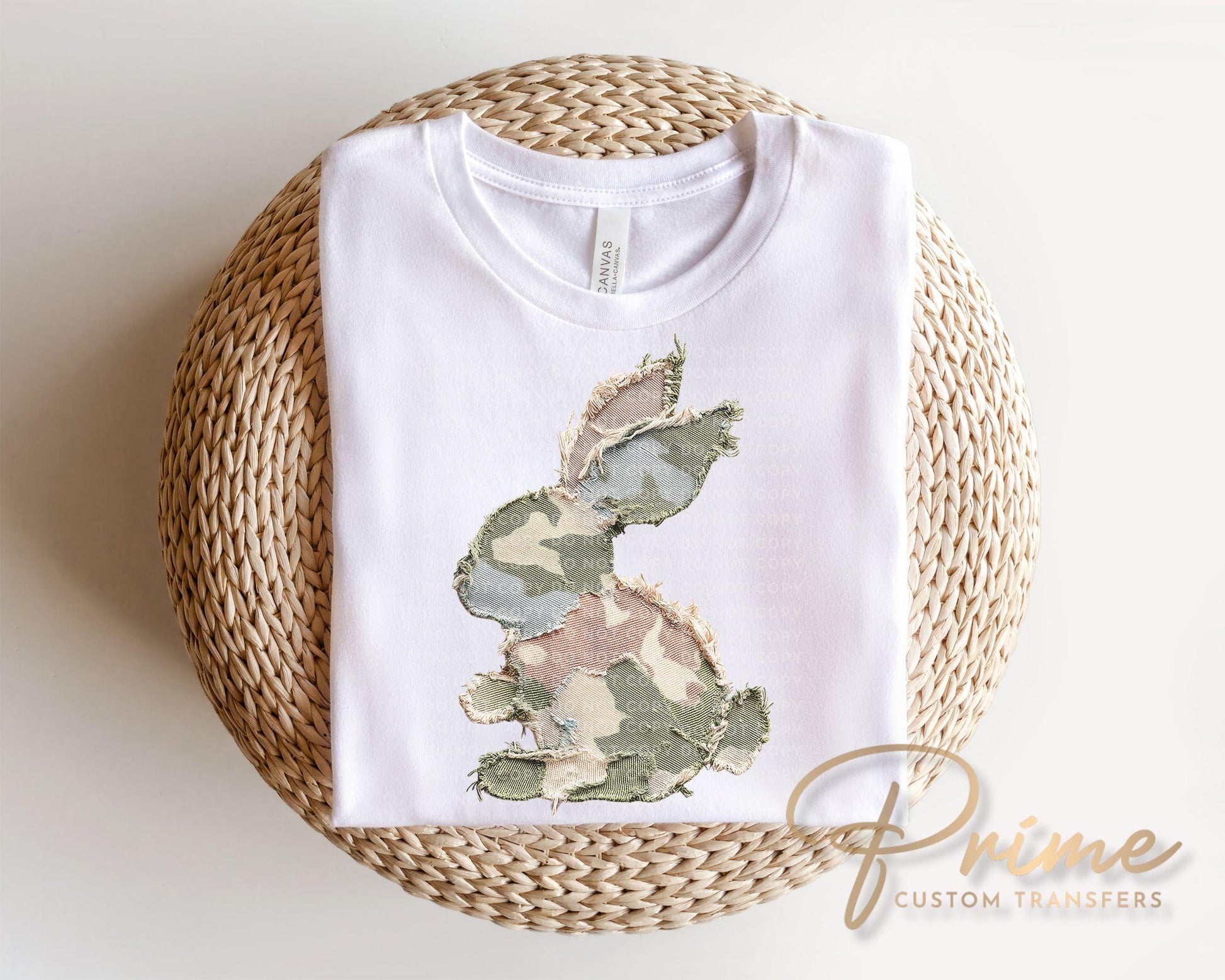 Faux Patchwork Camo Bunny DTF Transfer, Easter T-shirt Design