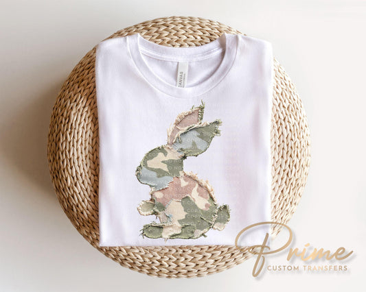 Faux Patchwork Camo Bunny DTF Transfer, Easter T-shirt Design