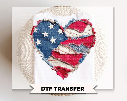 Faux Patchwork Heart Flag DTF Transfer, Ready to Press, 4th of July Tshirt Design