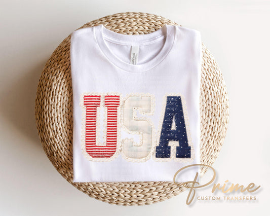 Faux Patchwork USA DTF Transfer, Ready to Press, Preppy 4th of July Tshirt Design