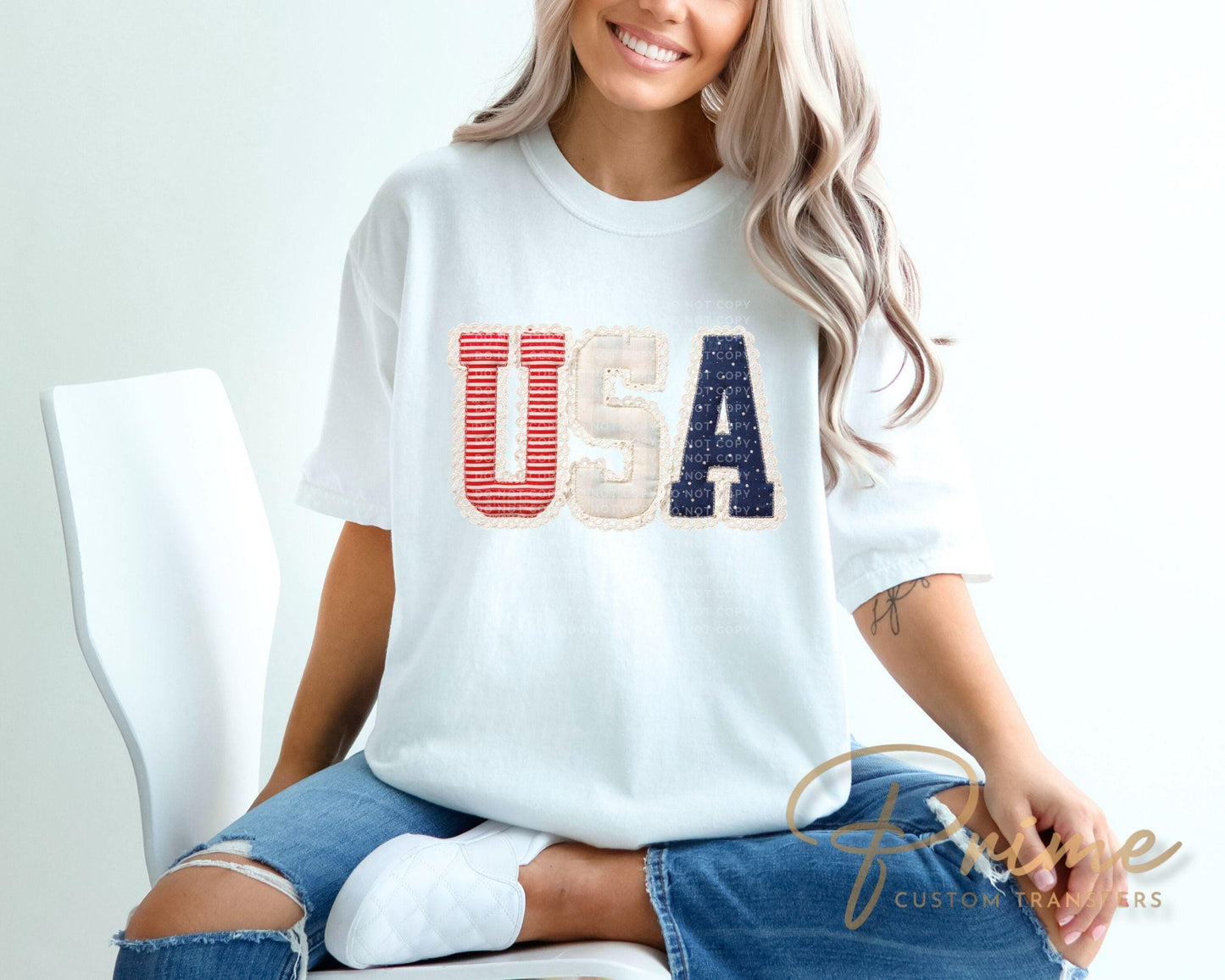 Faux Patchwork USA DTF Transfer, Ready to Press, Preppy 4th of July Tshirt Design