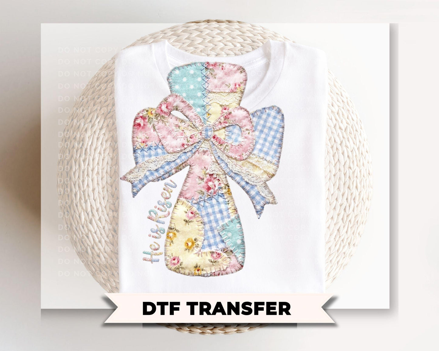 Patchwork Pastel Easter Cross DTF Transfer, He is Risen T-shirt Design