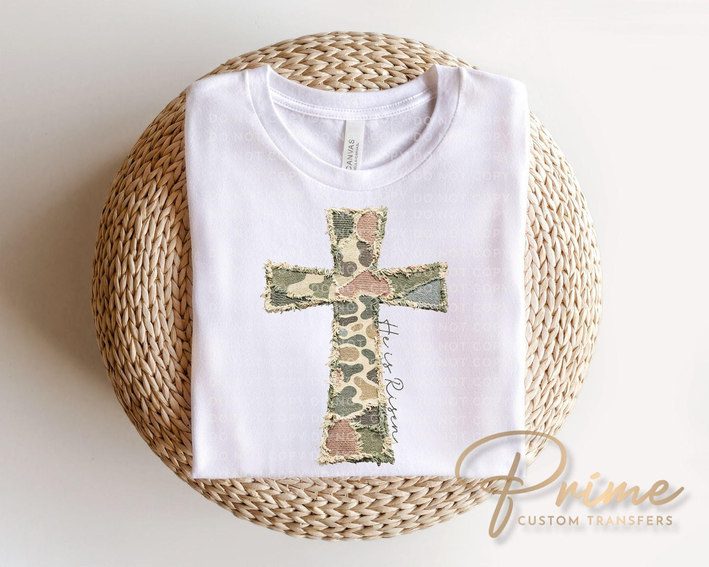 Patchwork Camo Cross DTF Transfer, He is Risen Easter T-shirt Design