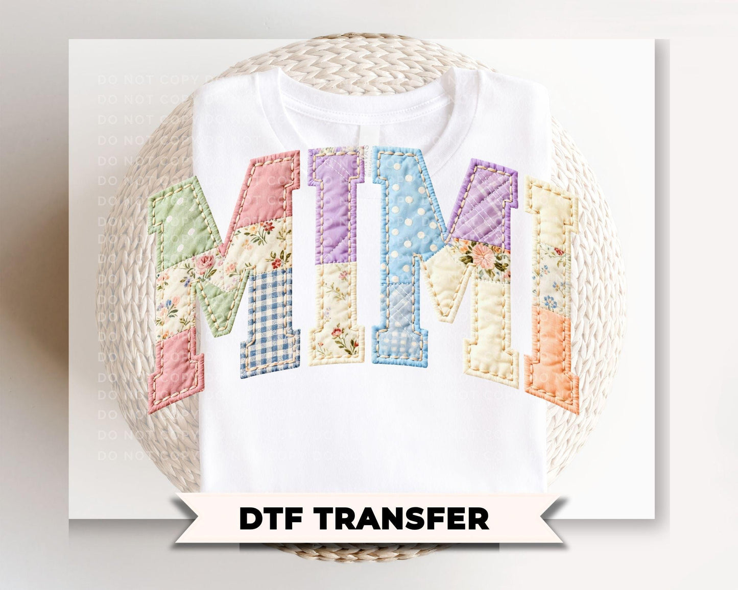 Patchwork Quilted Mimi DTF Transfer, Ready to Press Cottagecore Tshirt Design