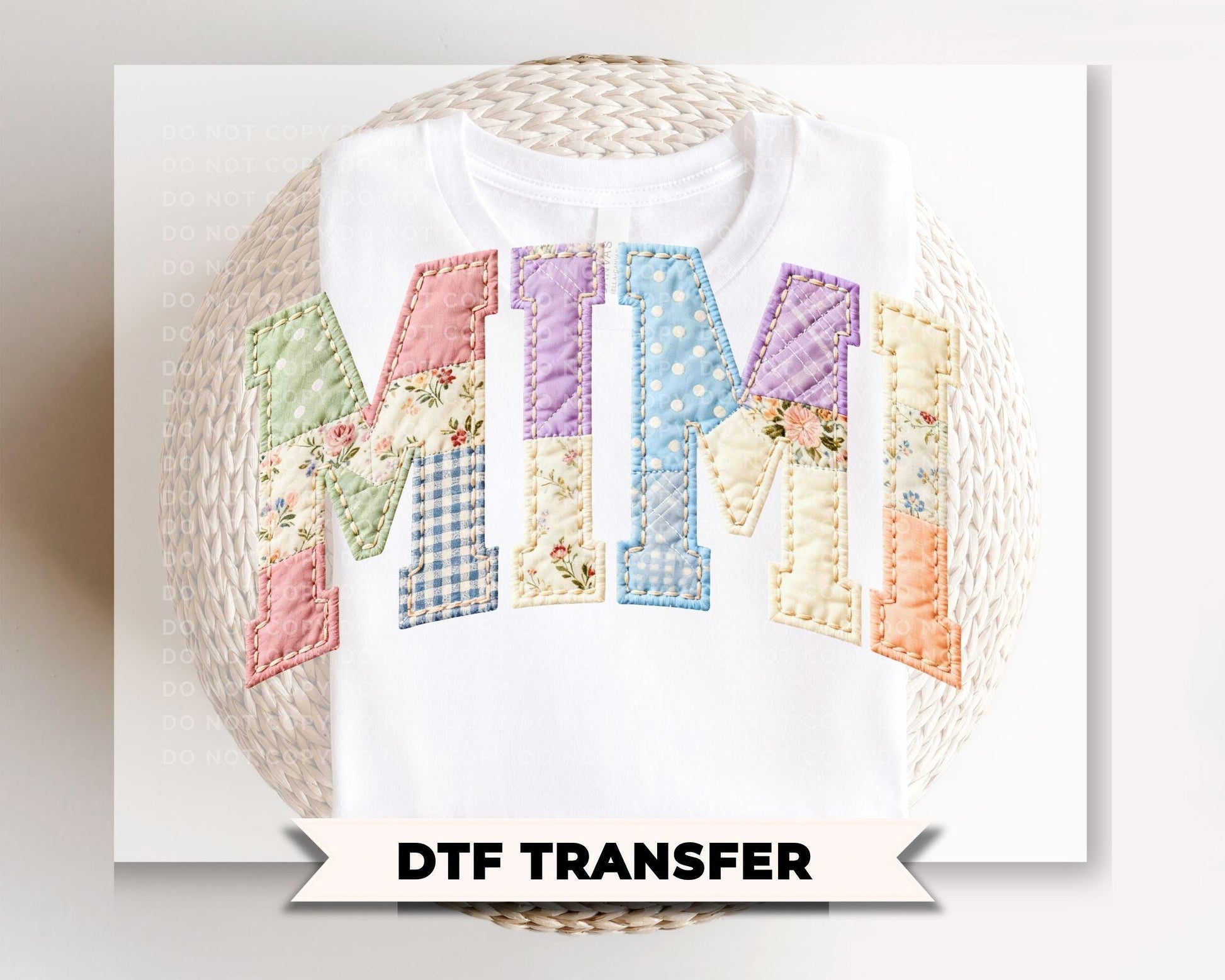 Patchwork Quilted Mimi DTF Transfer, Ready to Press Cottagecore Tshirt Design