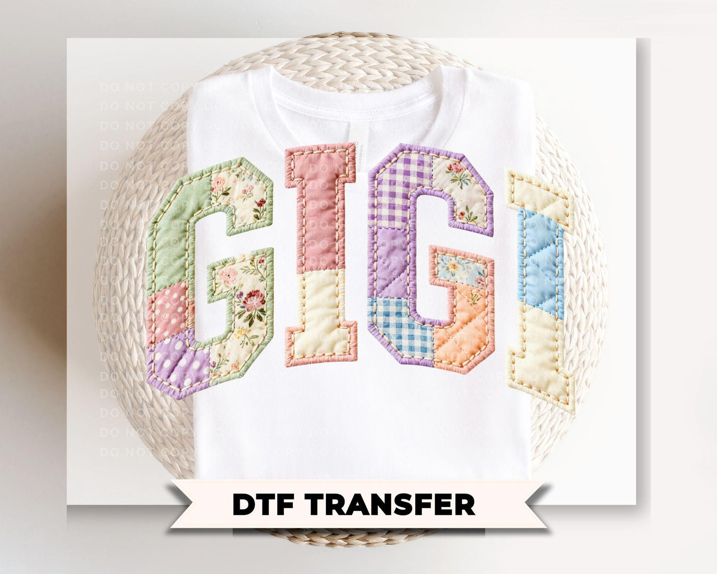 Patchwork Quilted Gigi DTF Transfer, Ready to Press Cottagecore Tshirt Design