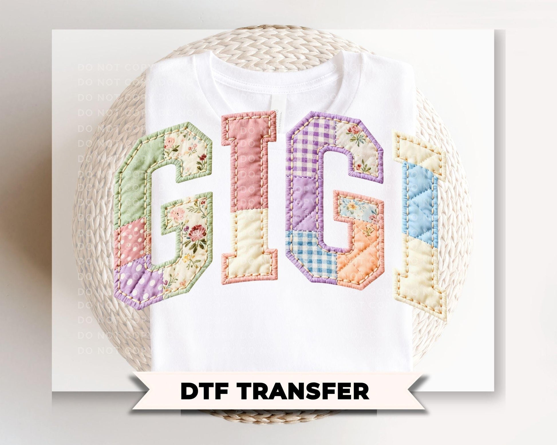 Patchwork Quilted Gigi DTF Transfer, Ready to Press Cottagecore Tshirt Design