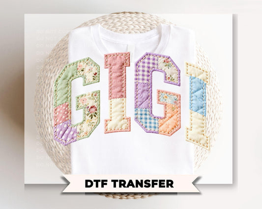Patchwork Quilted Gigi DTF Transfer, Ready to Press Cottagecore Tshirt Design
