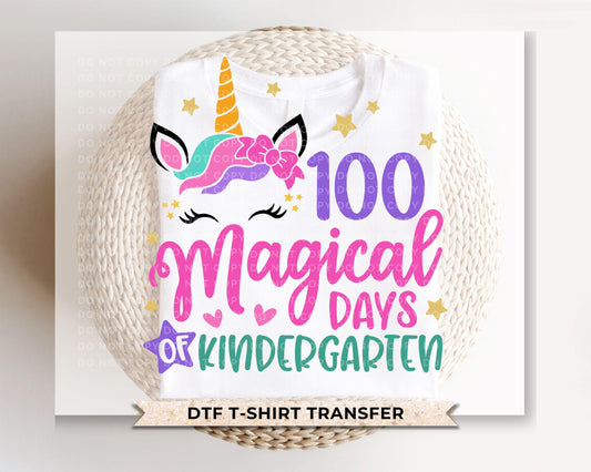 100 Magical Days of Kindergarten DTF Transfer, Girly Unicorn Tshirt Transfer