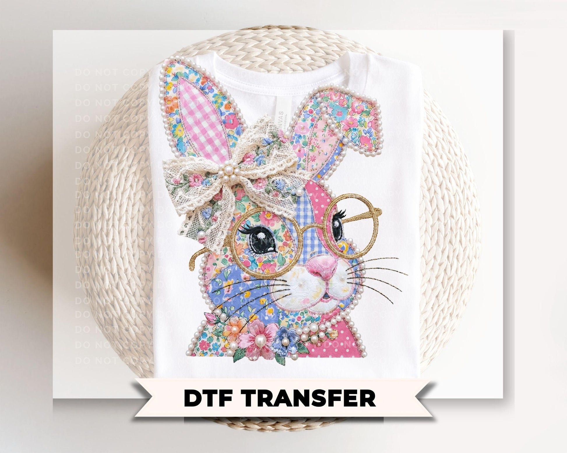 Patchwork Bunny DTF Transfer, Ready to Press, Quilted Tshirt Design