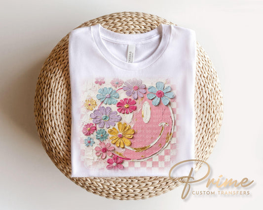 Retro Floral Smiley Face DTF Transfer, Spring Tshirt Design