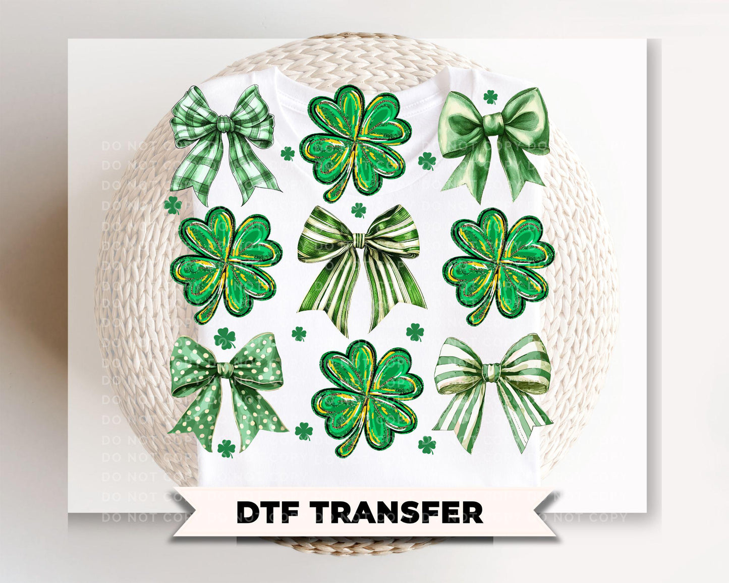 Coquette Shamrocks and Bows DTF Transfer, St. Patrick's Day Tshirt Direct to Film Design